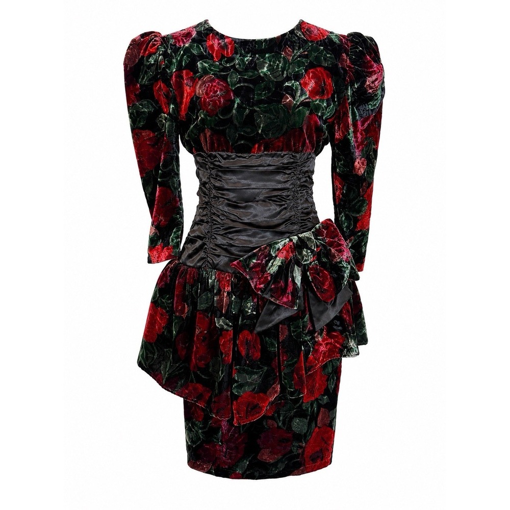 Vintage 1980s Party Dress M Black Red Velvet Floral Glam USA Puff Sleeve Bow - Picture 1 of 16